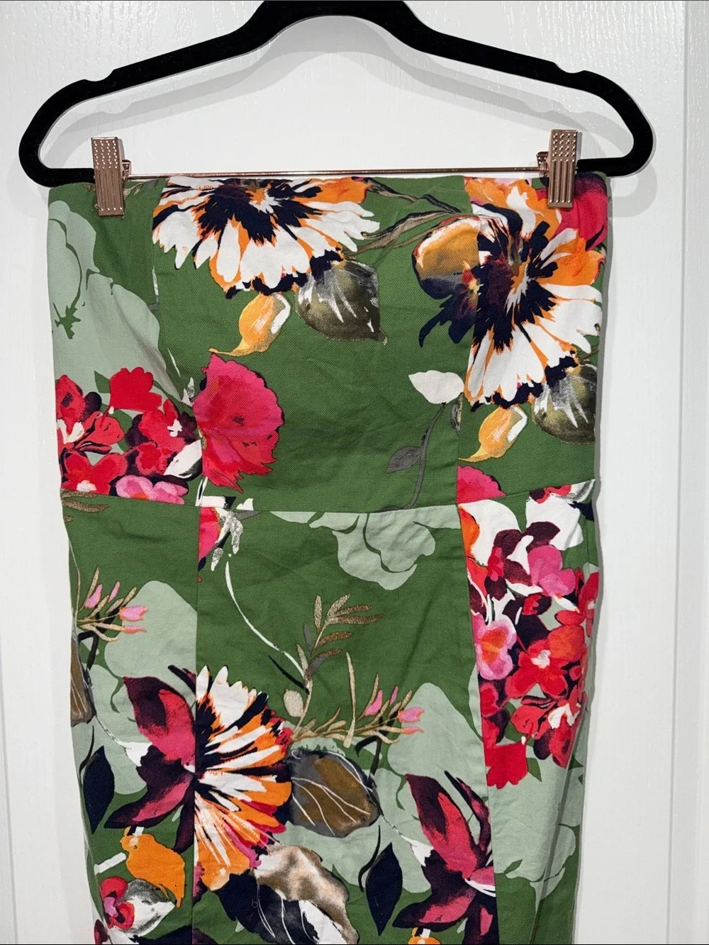 New York & Company Green Floral Midi strapless dress with slit size 6